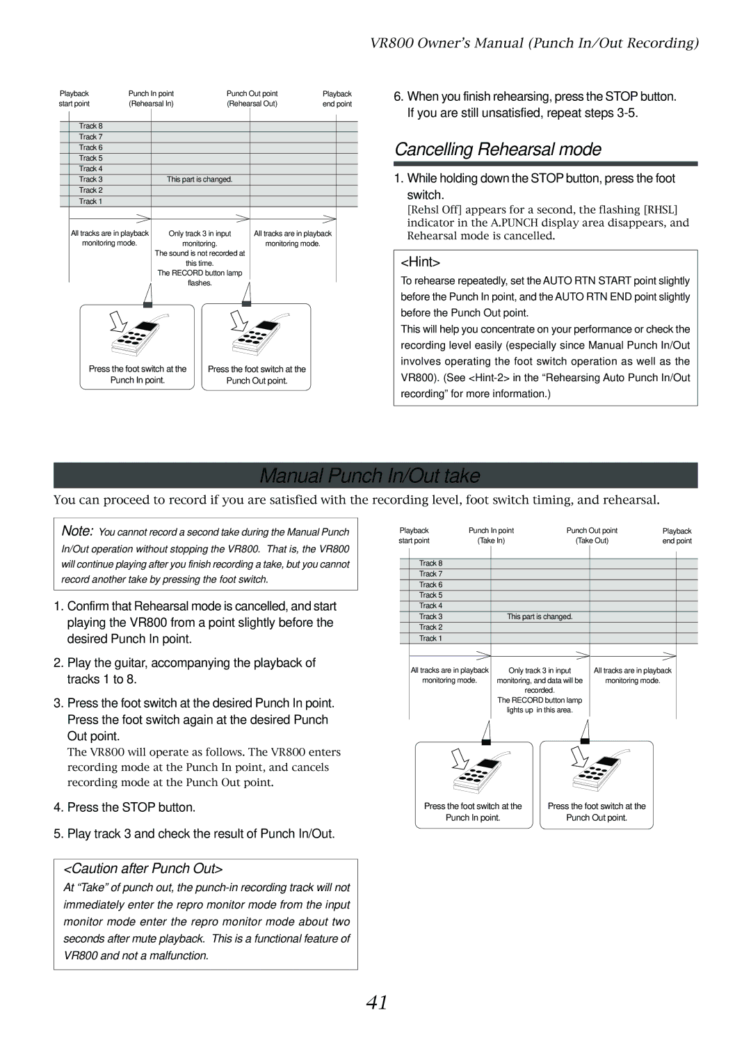 Fostex VR800 owner manual Manual Punch In/Out take, Cancelling Rehearsal mode 