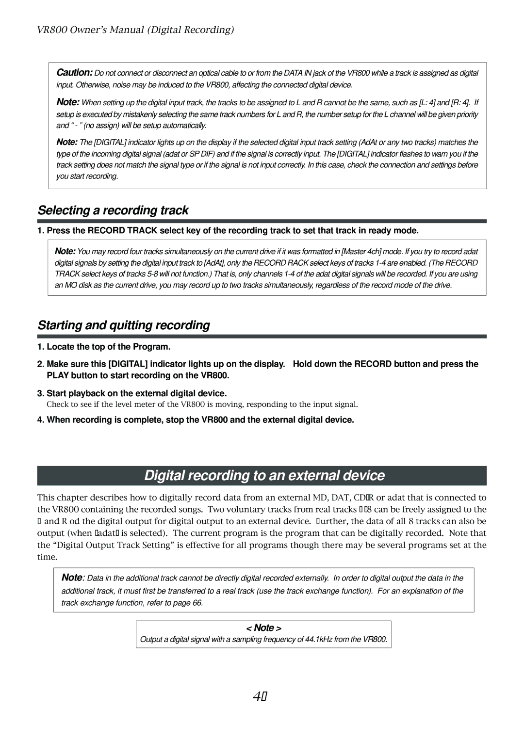 Fostex VR800 Digital recording to an external device, Selecting a recording track, Starting and quitting recording 