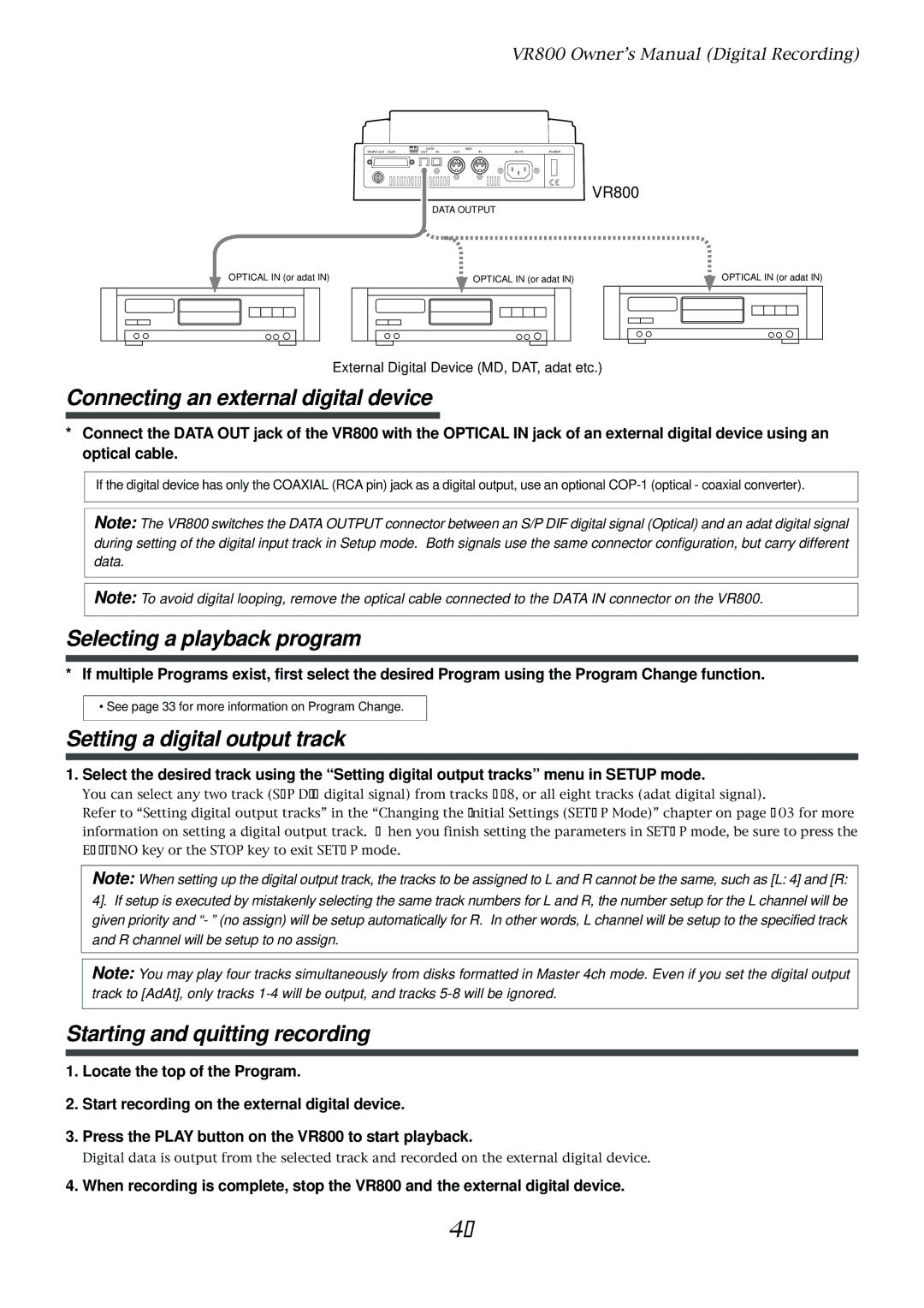 Fostex VR800 owner manual Selecting a playback program, Setting a digital output track 