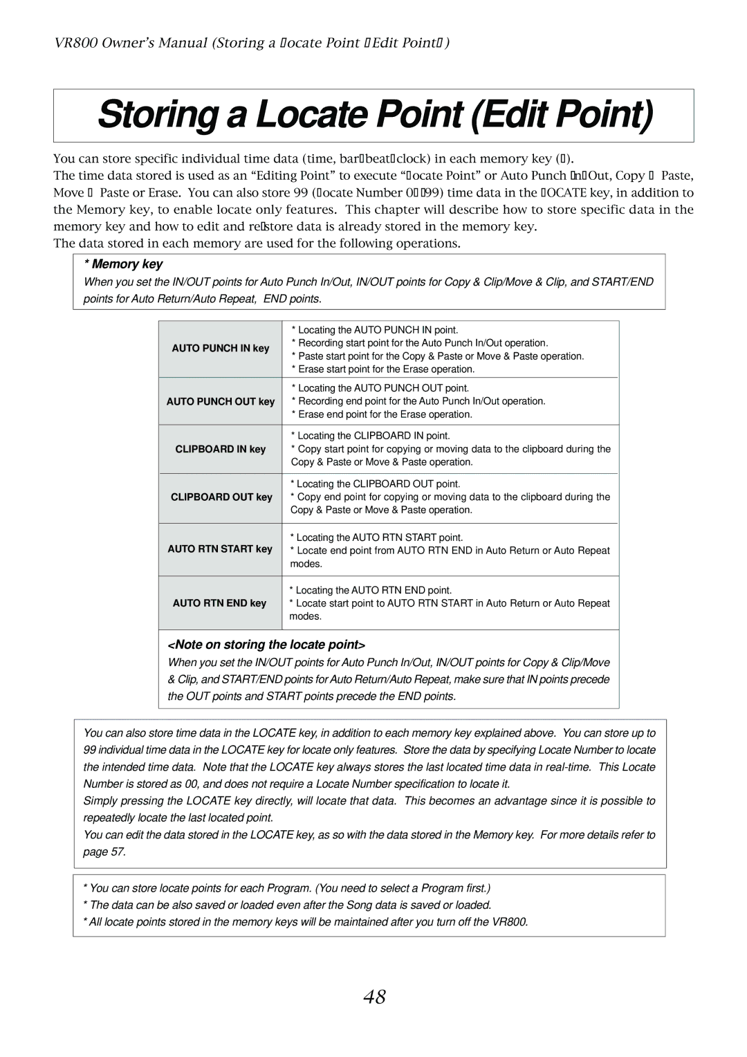 Fostex VR800 owner manual Storing a Locate Point Edit Point, Memory key 