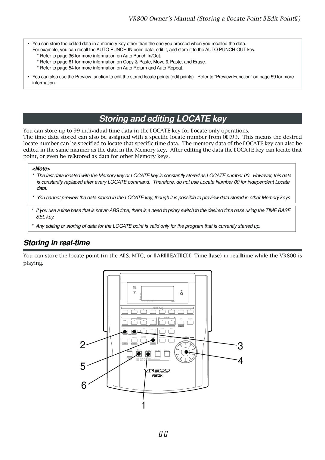 Fostex VR800 owner manual Storing and editing Locate key 