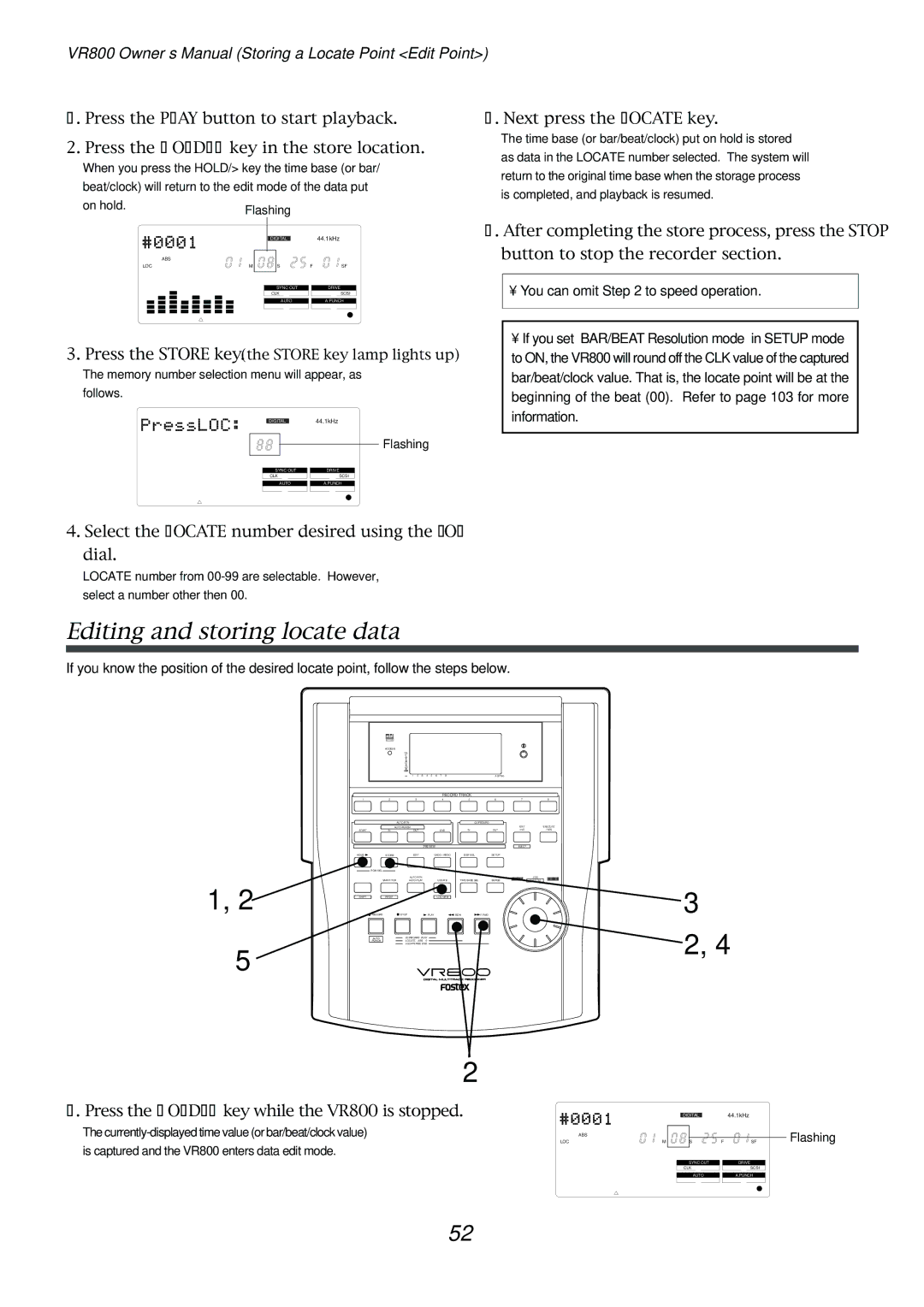 Fostex VR800 owner manual Next press the Locate key, Select the Locate number desired using the JOG dial 