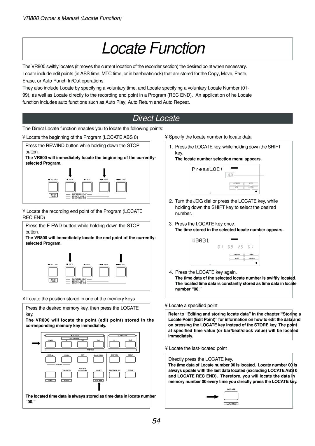 Fostex VR800 owner manual Locate Function, Direct Locate 