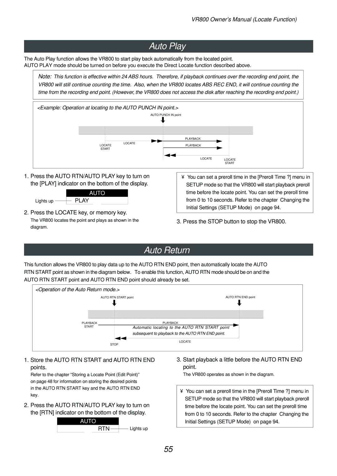 Fostex VR800 owner manual Auto Play, Auto Return 