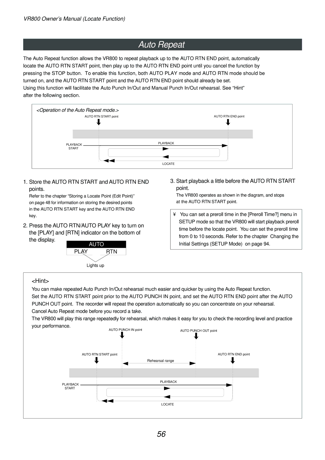 Fostex VR800 owner manual Auto Repeat, Start playback a little before the Auto RTN Start point 