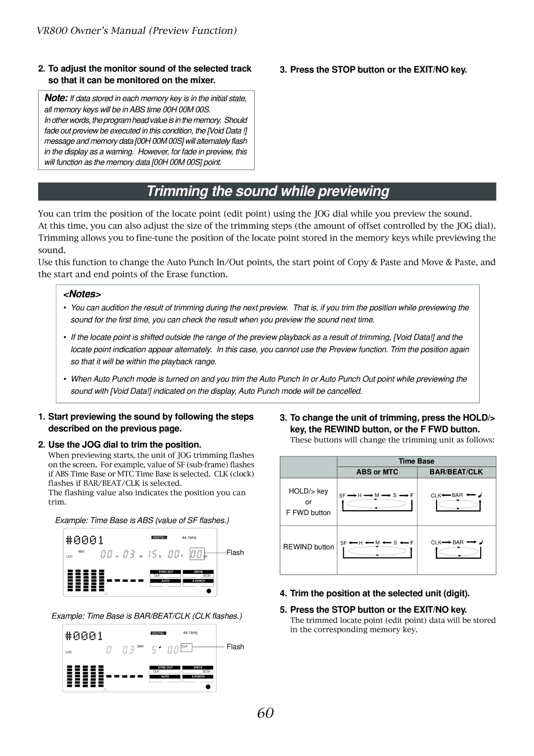 Fostex VR800 owner manual Trimming the sound while previewing, Press the Stop button or the EXIT/NO key 