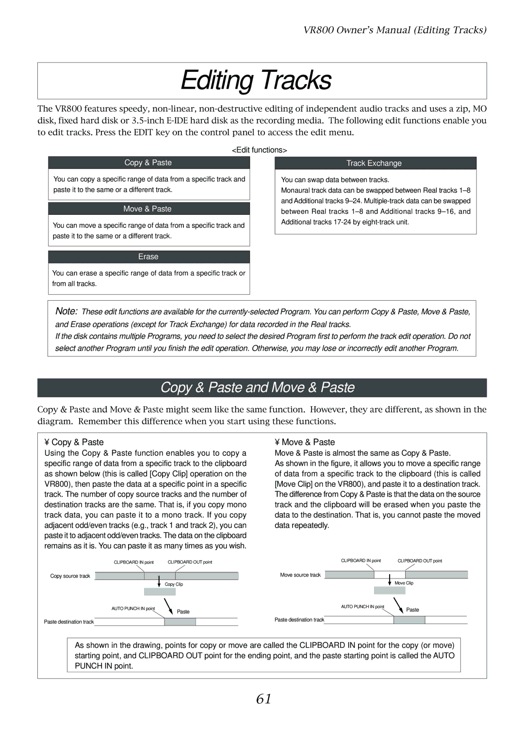 Fostex VR800 owner manual Editing Tracks, Copy & Paste and Move & Paste, Edit functions 