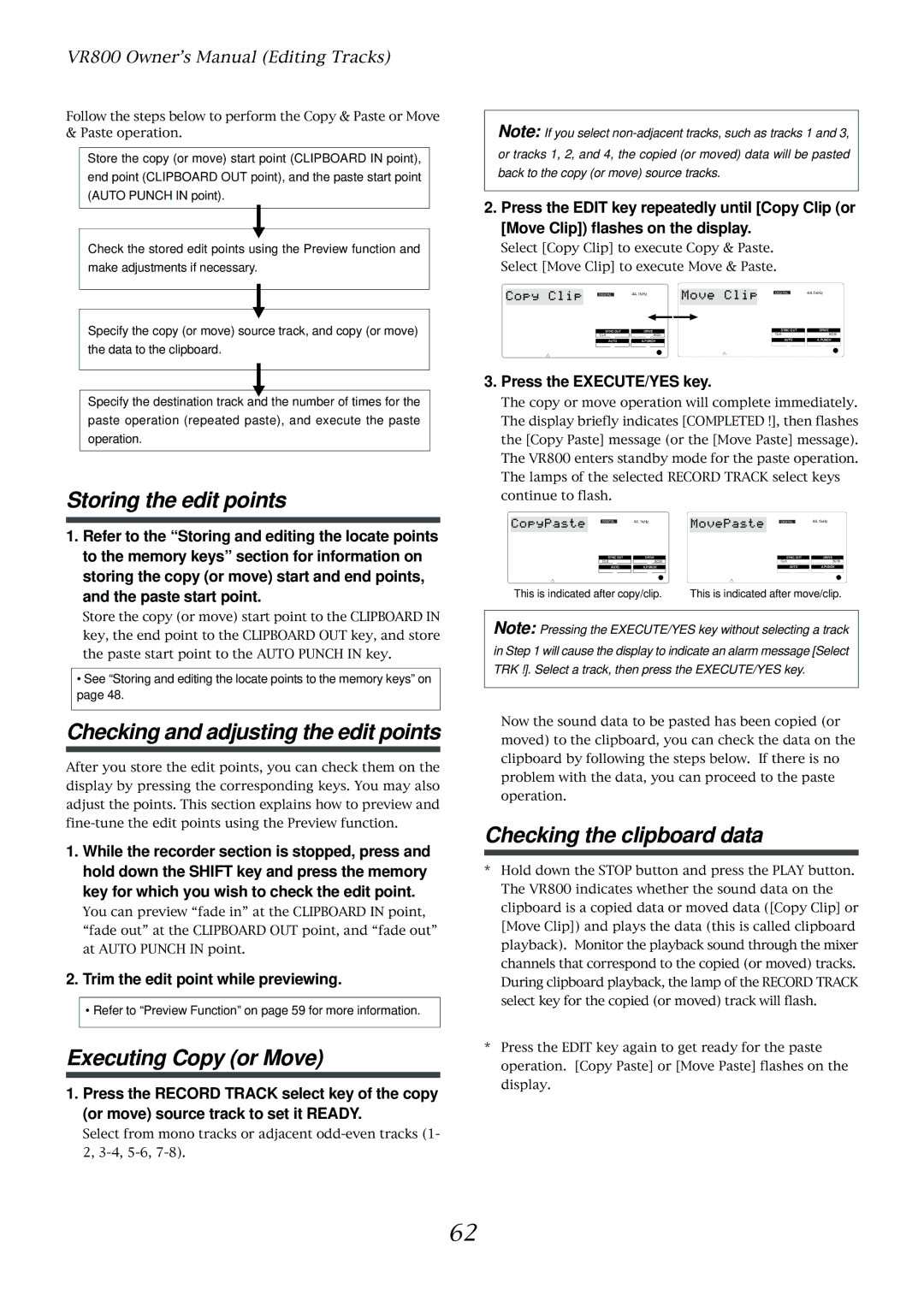 Fostex VR800 Executing Copy or Move, Checking the clipboard data, Paste start point, Trim the edit point while previewing 