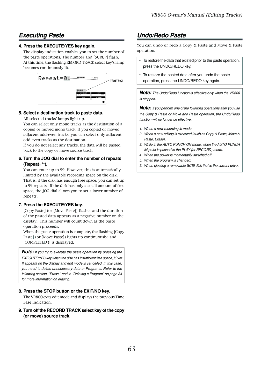 Fostex VR800 owner manual Executing Paste, Undo/Redo Paste, Select a destination track to paste data 