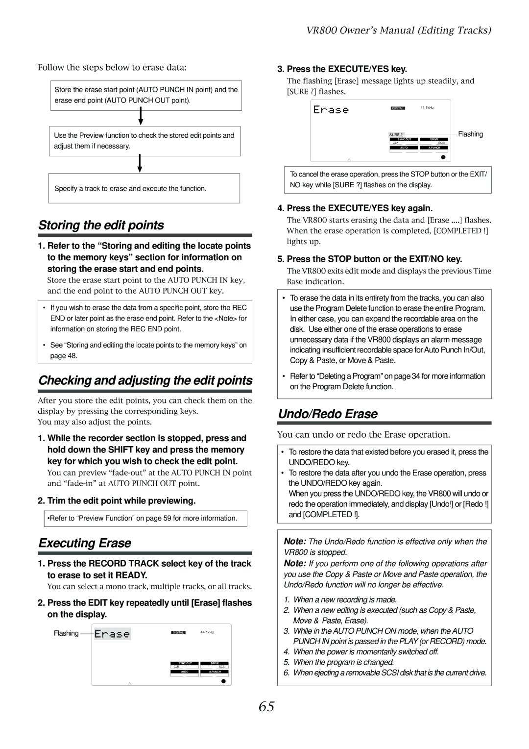 Fostex VR800 owner manual Executing Erase, Undo/Redo Erase, Storing the erase start and end points 