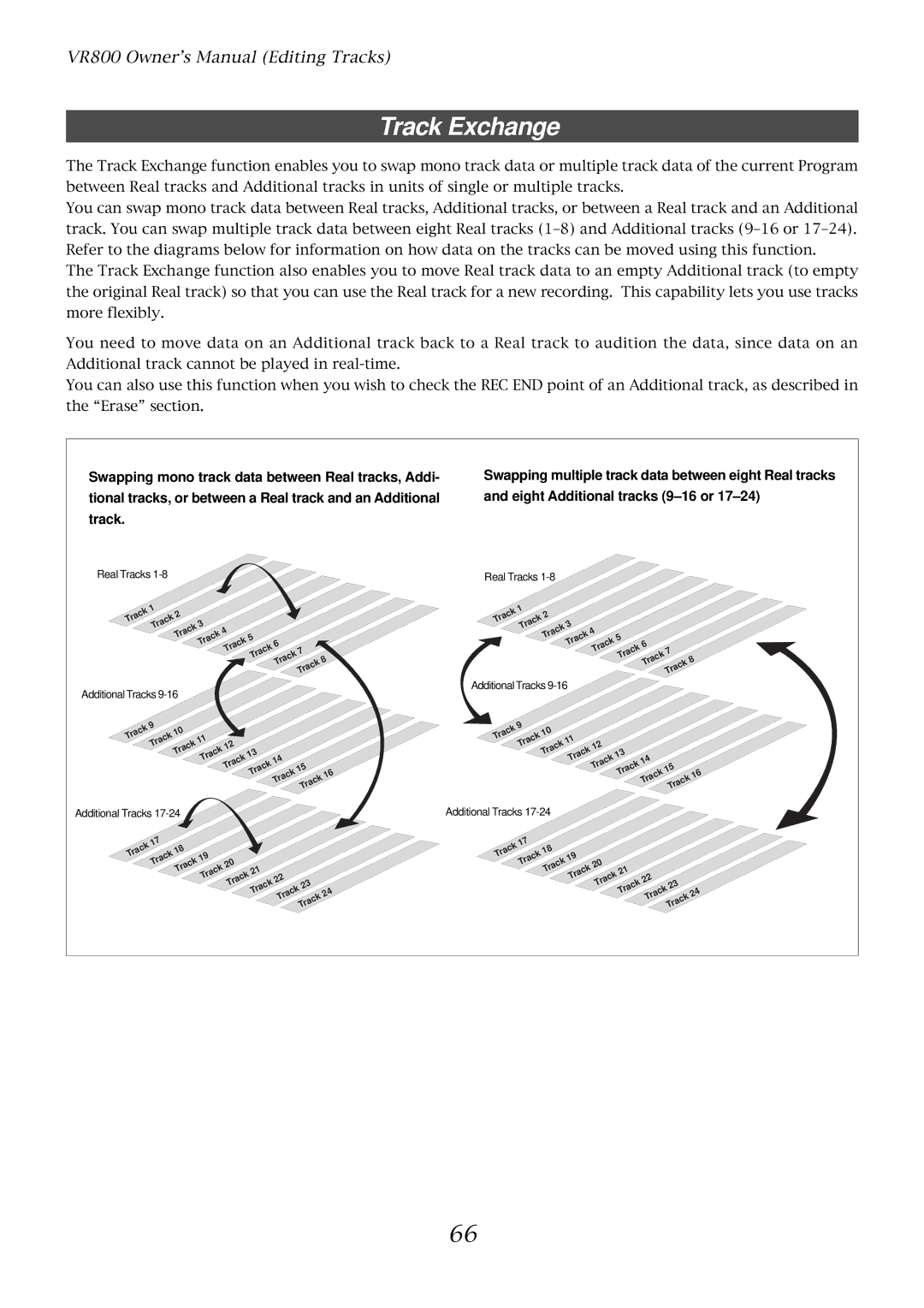 Fostex VR800 owner manual Track Exchange, Swapping mono track data between Real tracks, Addi 