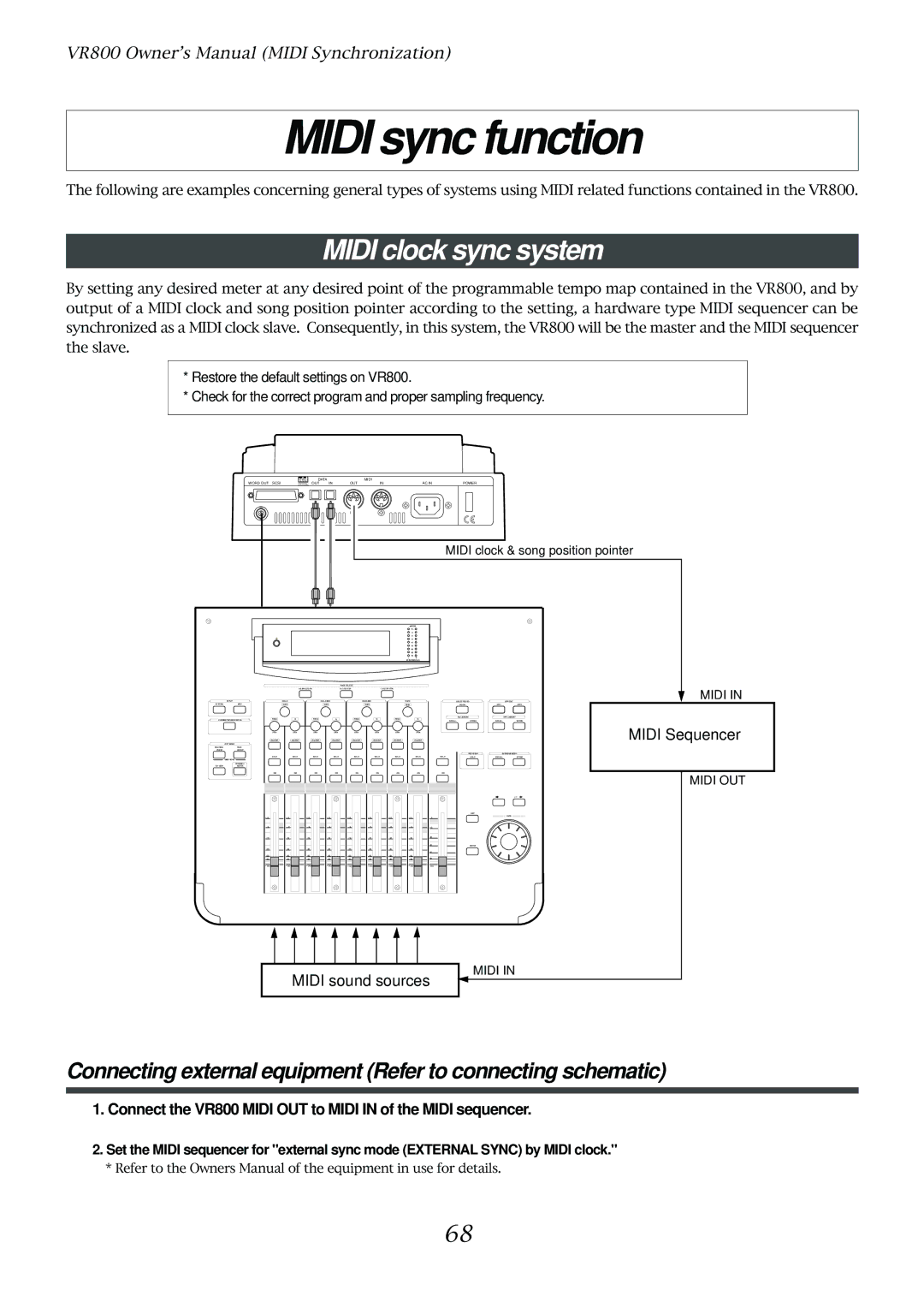 Fostex VR800 owner manual Midi sync function, Connecting external equipment Refer to connecting schematic 