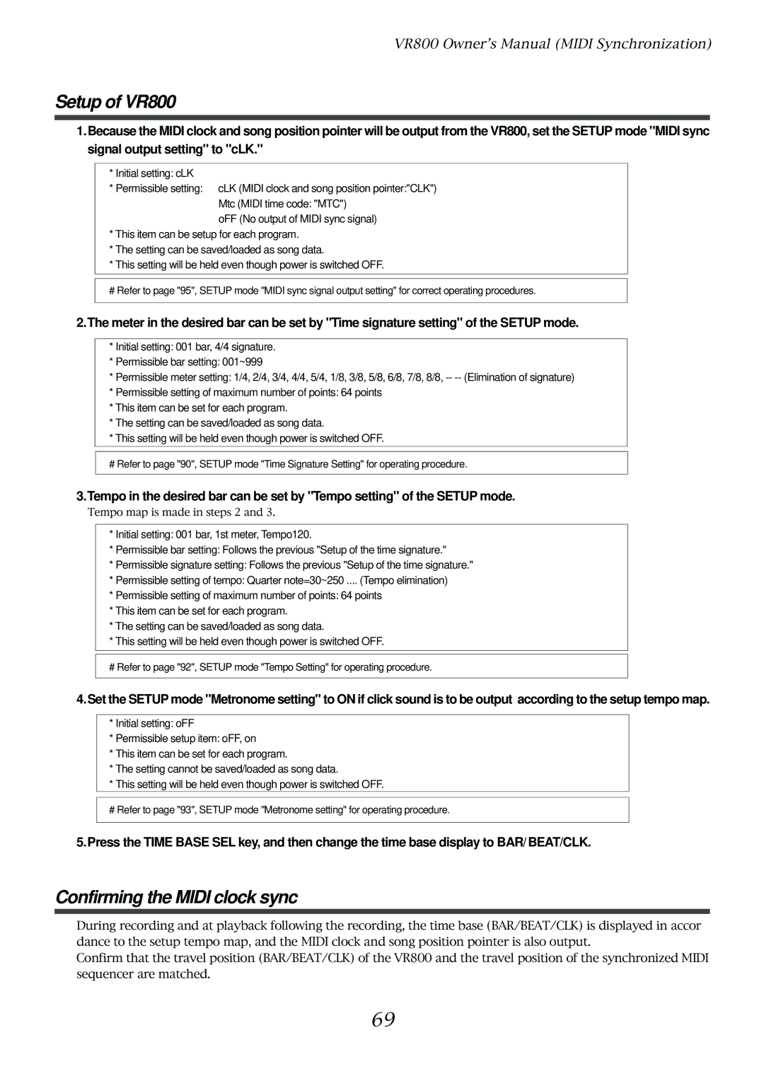 Fostex owner manual Setup of VR800, Confirming the Midi clock sync 