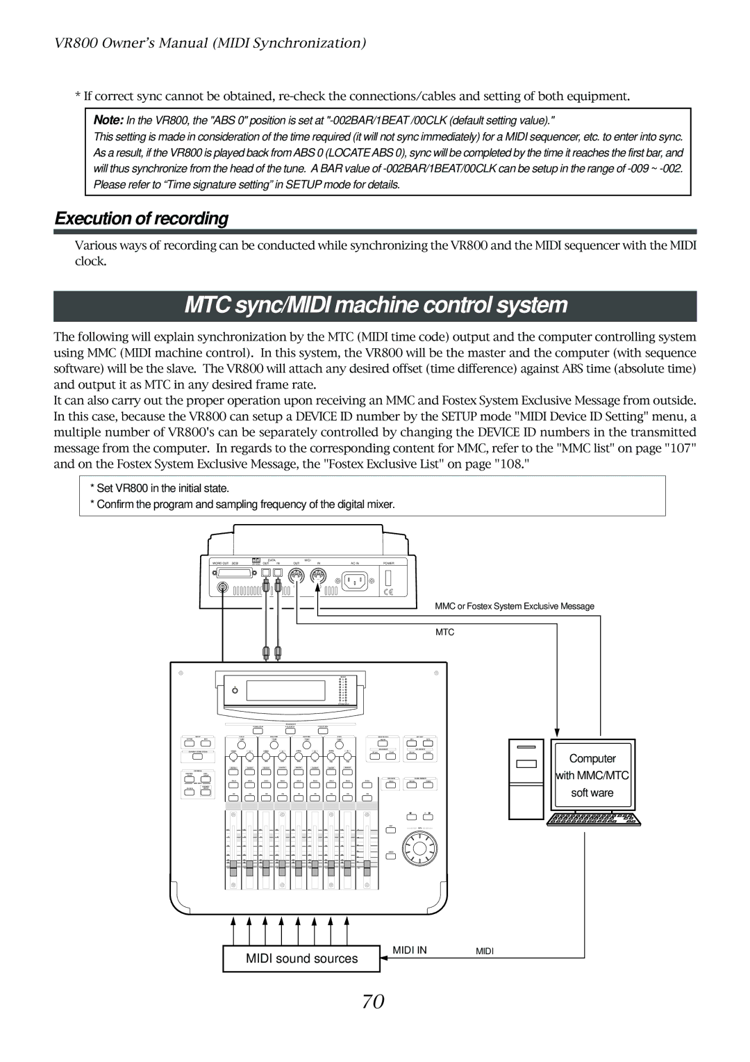 Fostex VR800 owner manual MTC sync/MIDI machine control system, Execution of recording 