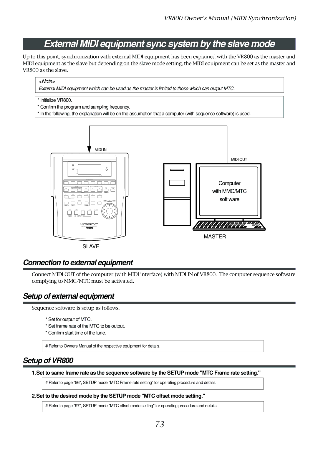 Fostex VR800 owner manual External Midi equipment sync system by the slave mode, Connection to external equipment 