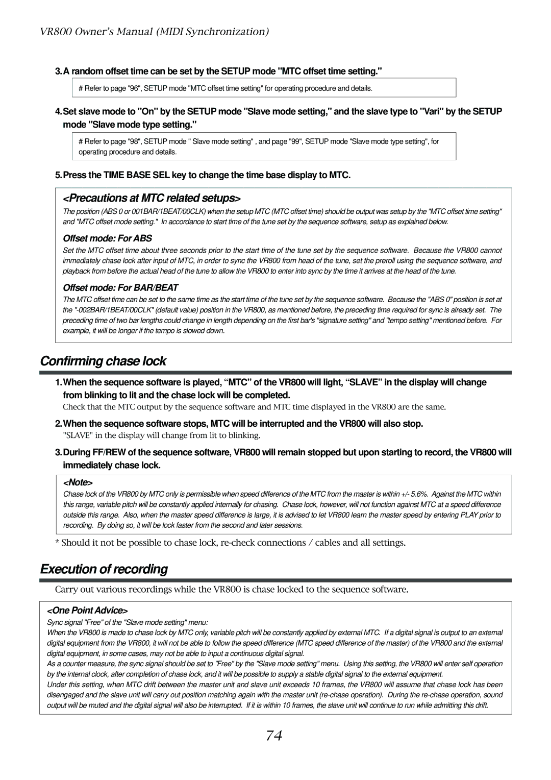 Fostex VR800 owner manual Confirming chase lock, Precautions at MTC related setups 