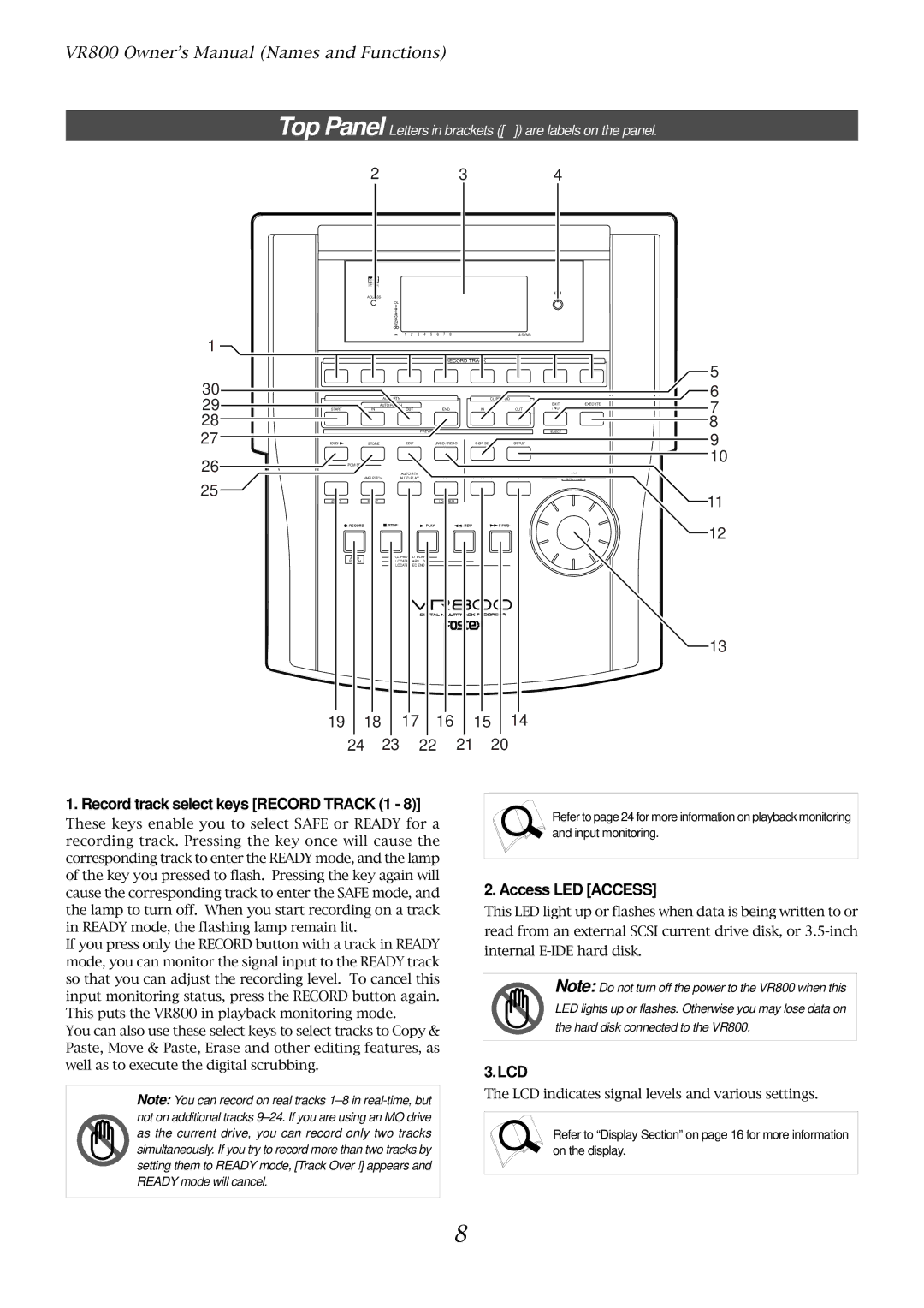 Fostex VR800 owner manual Record track select keys Record Track 1, Access LED Access 
