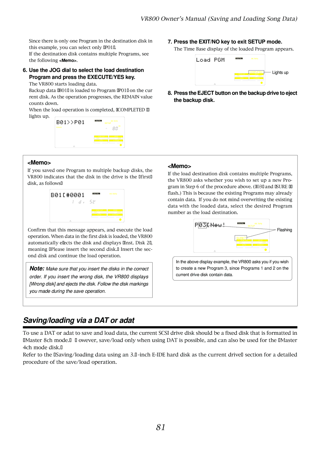 Fostex VR800 owner manual Saving/loading via a DAT or adat 