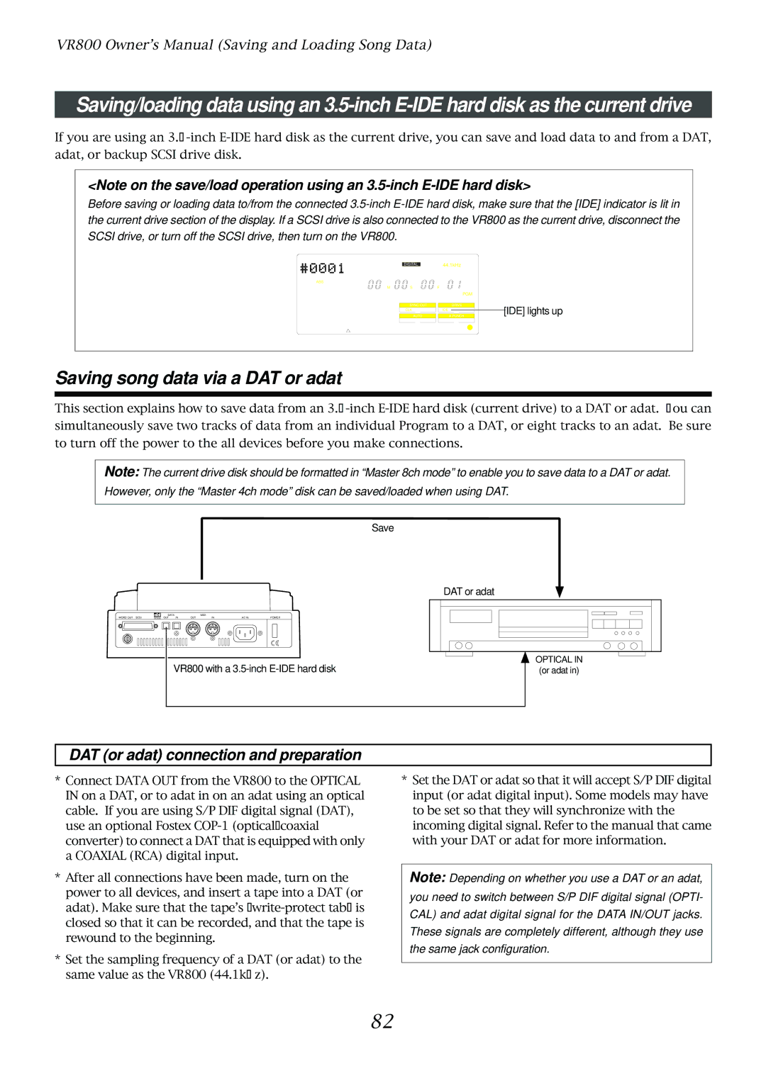 Fostex VR800 owner manual Saving song data via a DAT or adat, DAT or adat connection and preparation 