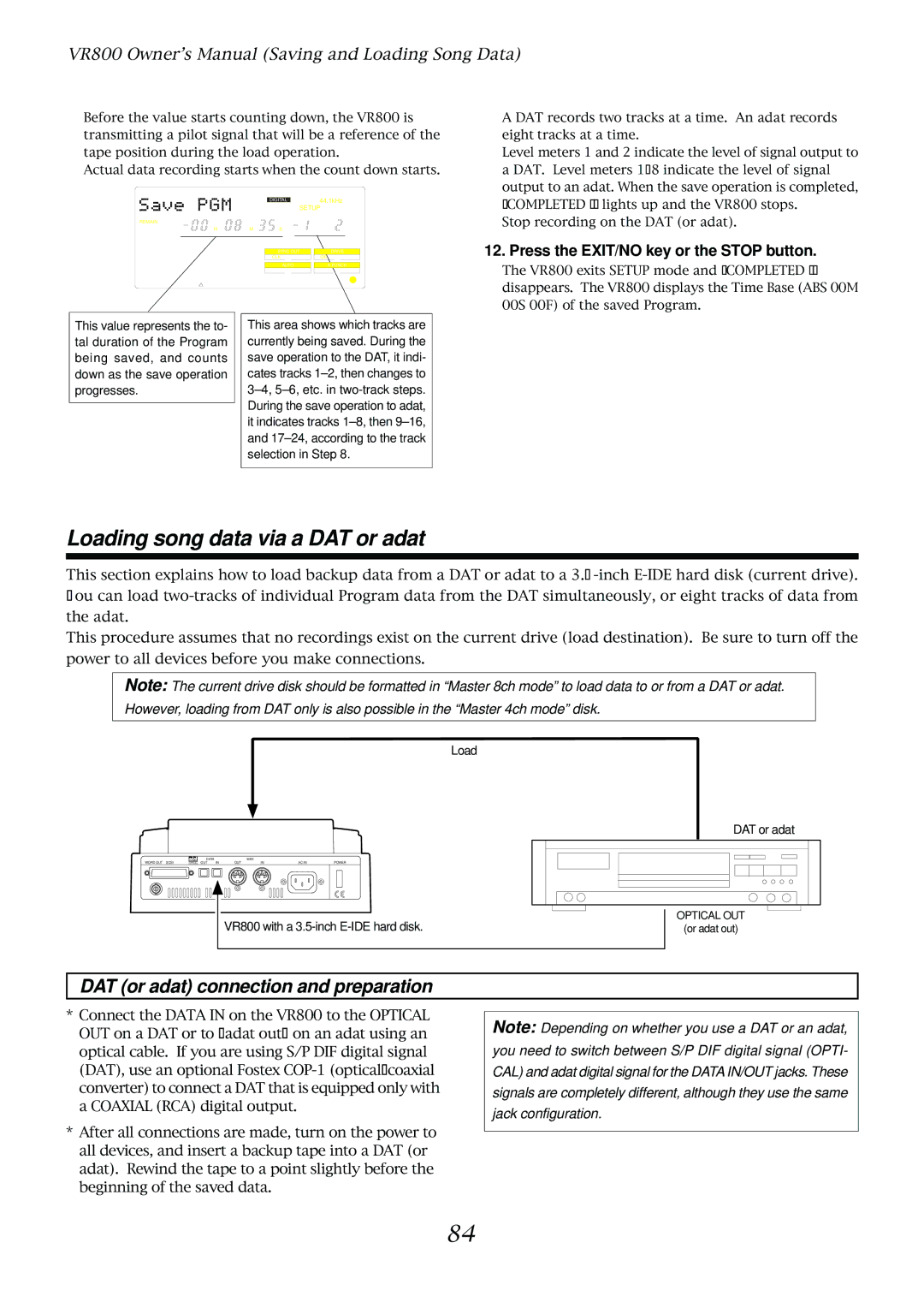 Fostex VR800 owner manual Loading song data via a DAT or adat, Progresses 