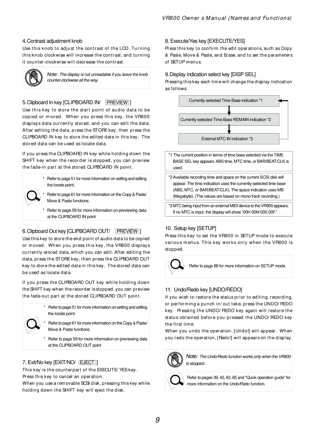 Fostex VR800 owner manual Contrast adjustment knob, Clipboard In key Clipboard IN/ Preview, Execute/Yes key EXECUTE/YES 