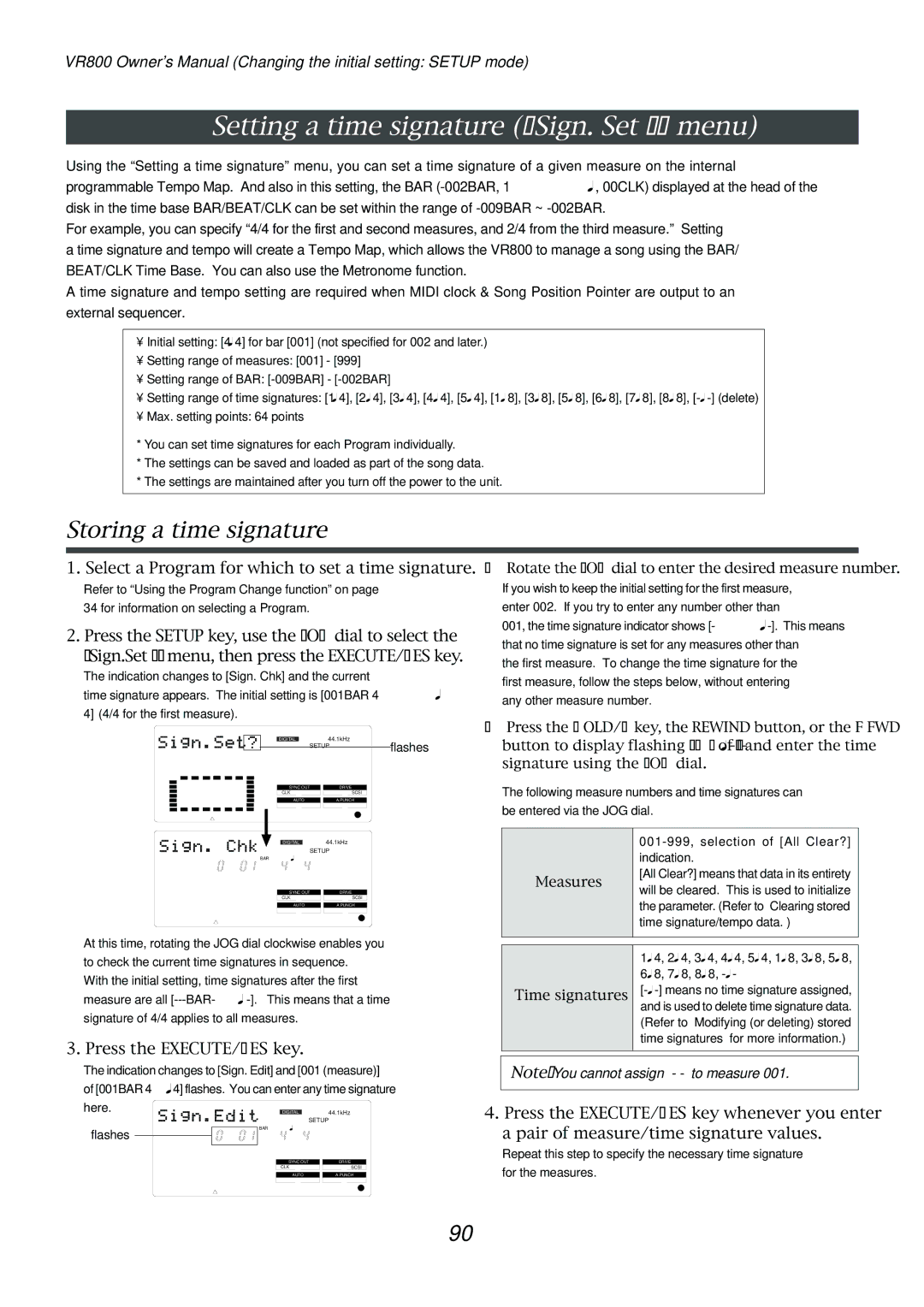 Fostex VR800 owner manual Setting a time signature Sign. Set ? menu, Storing a time signature 