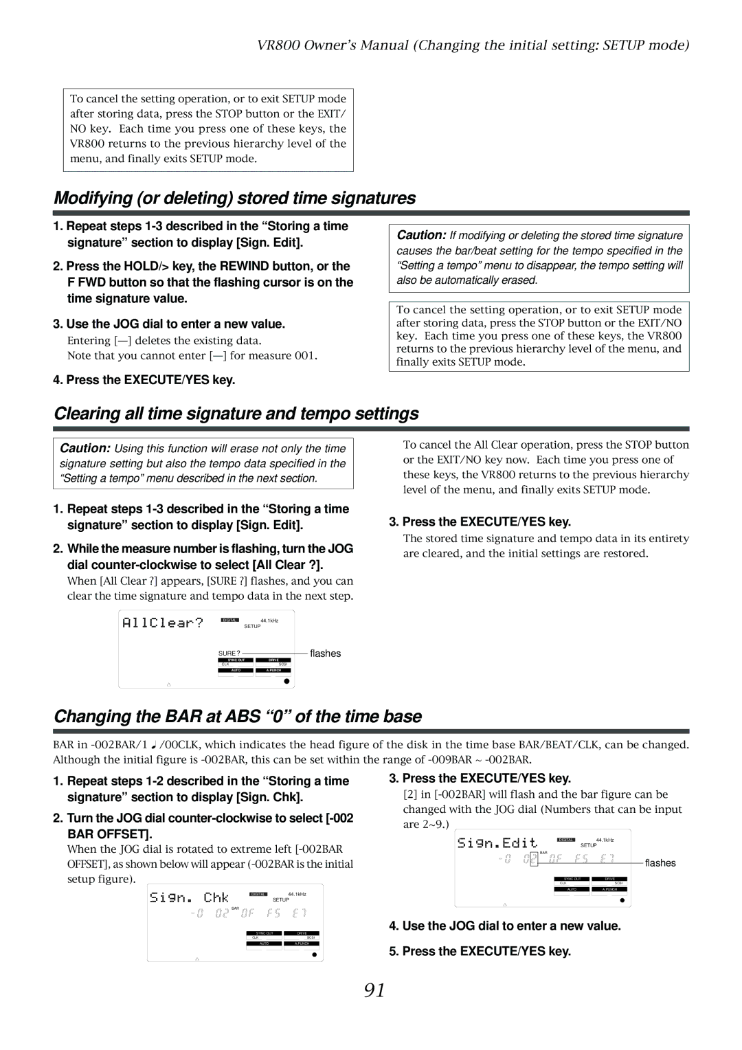 Fostex VR800 owner manual Modifying or deleting stored time signatures, Clearing all time signature and tempo settings 