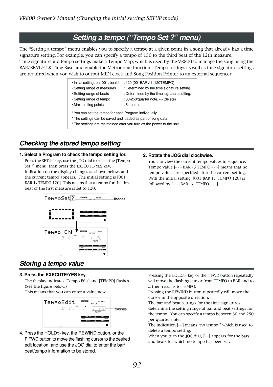 Fostex VR800 owner manual Setting a tempo Tempo Set ? menu, Checking the stored tempo setting, Storing a tempo value 