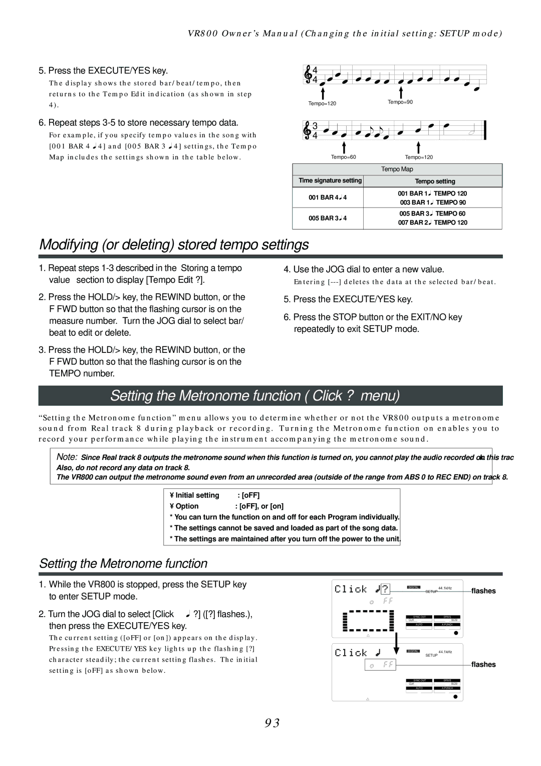 Fostex VR800 owner manual Setting the Metronome function Click ? menu, Repeat steps 3-5 to store necessary tempo data 