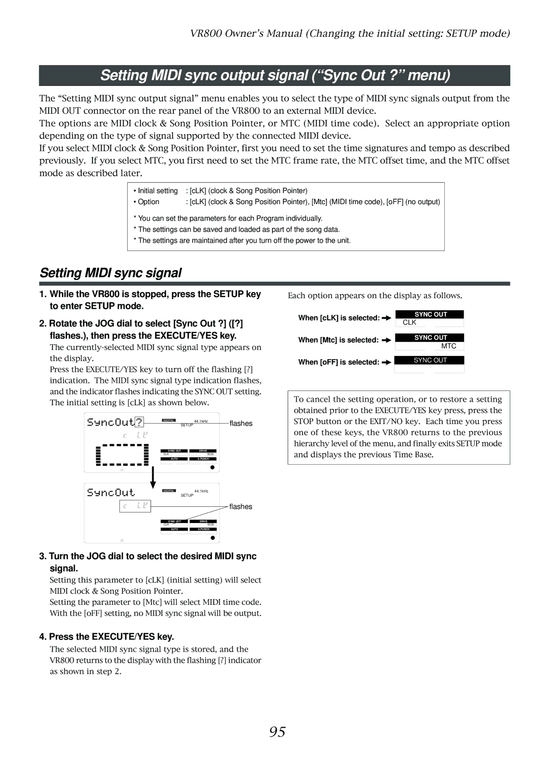 Fostex VR800 owner manual Setting Midi sync output signal Sync Out ? menu, Setting Midi sync signal 
