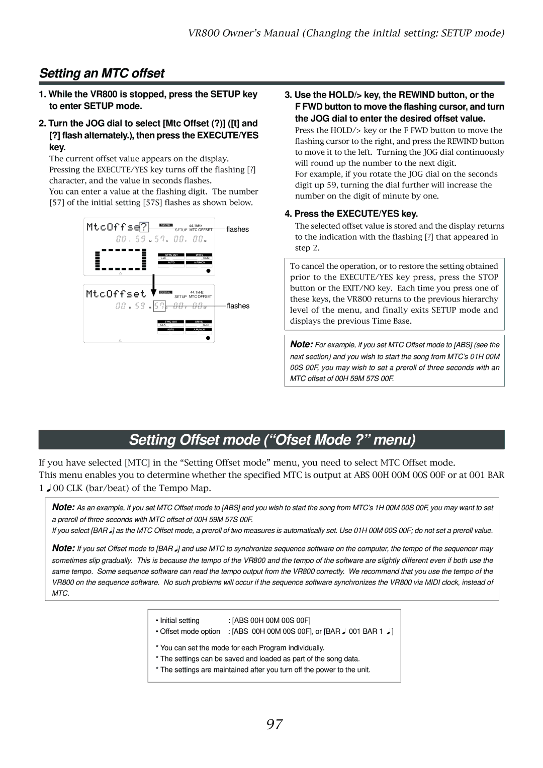 Fostex VR800 owner manual Setting Offset mode Ofset Mode ? menu, Setting an MTC offset 