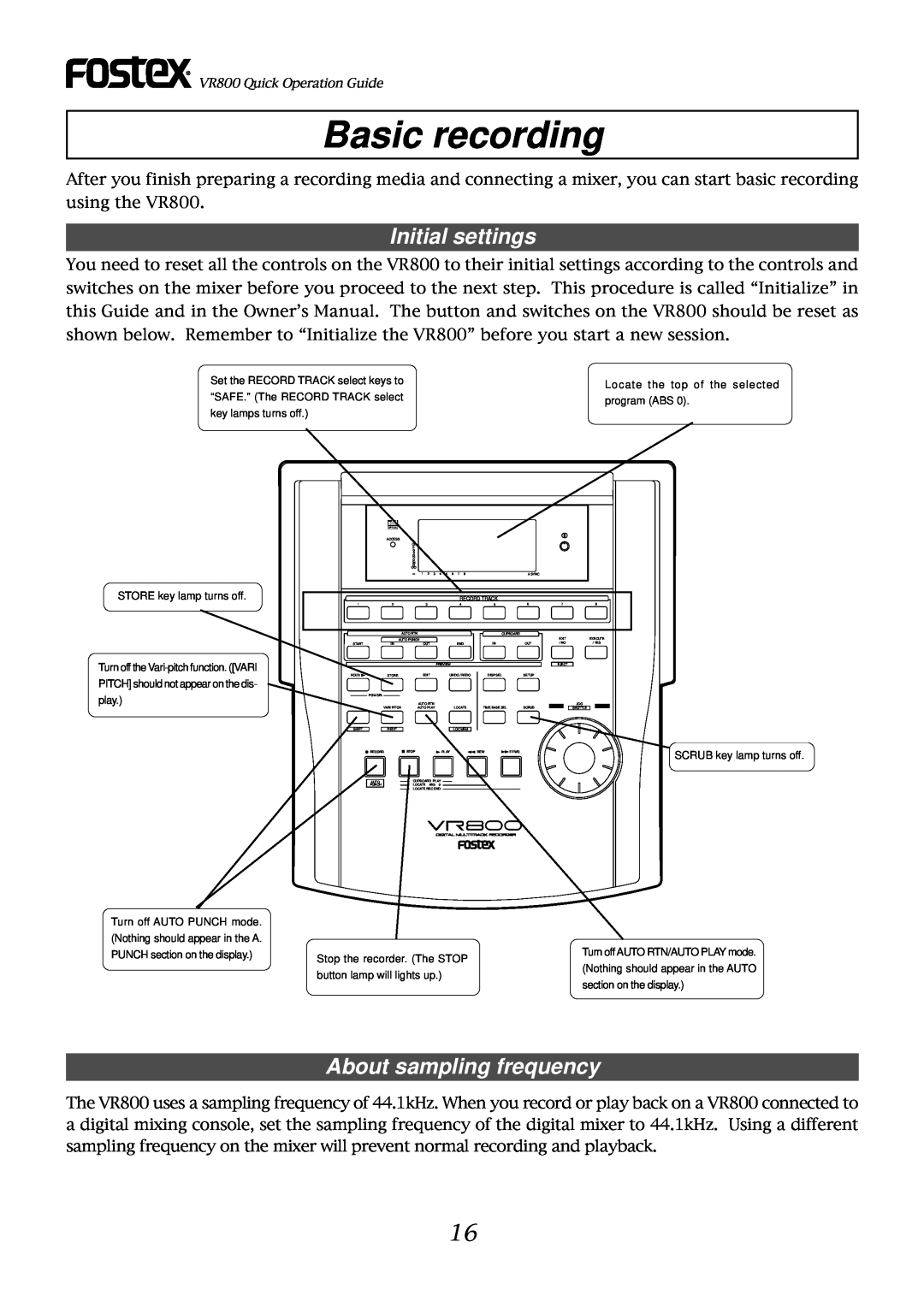 Fostex VR800 owner manual Basic recording, Initial settings, About sampling frequency 