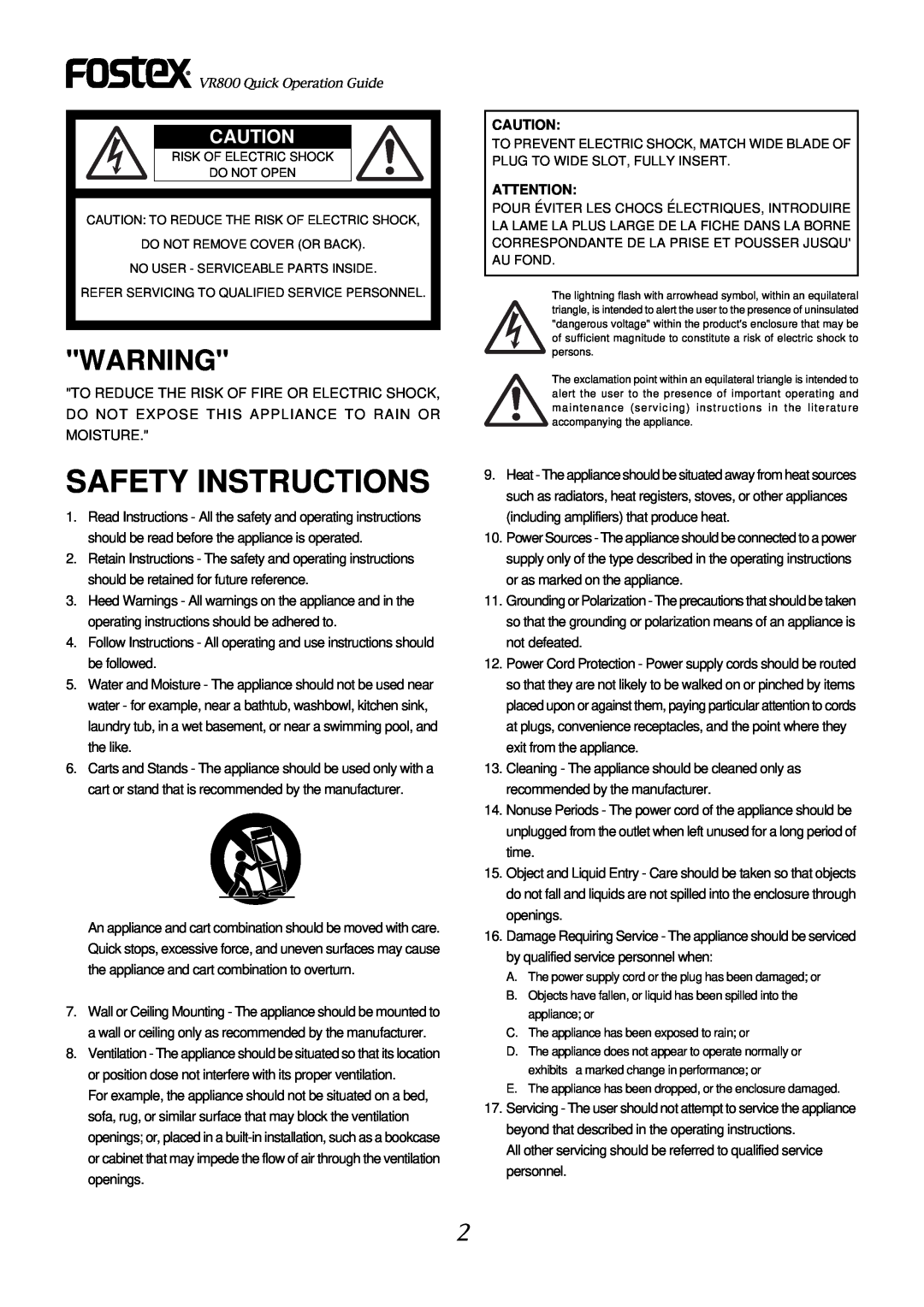 Fostex VR800 owner manual Safety Instructions 