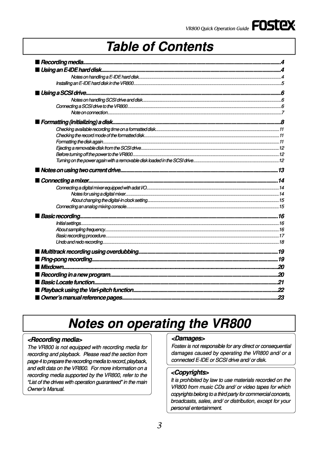 Fostex owner manual Table of Contents, Notes on operating the VR800, Recording media, Damages, Copyrights 