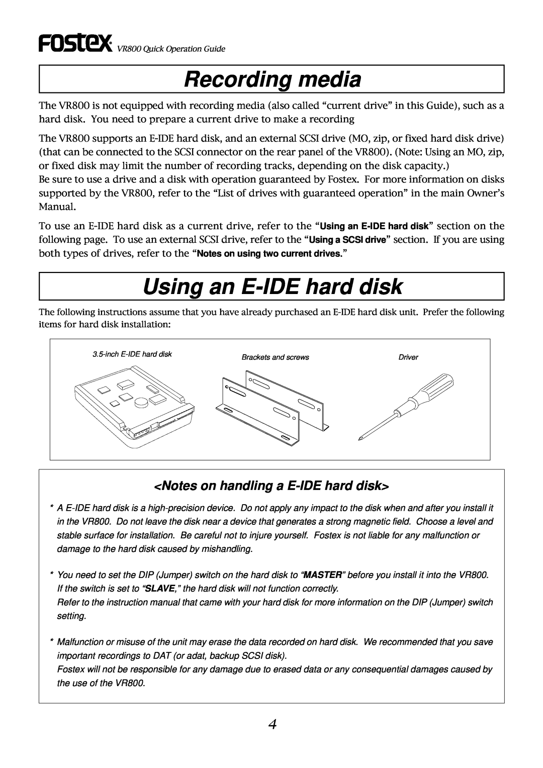 Fostex VR800 owner manual Recording media, Using an E-IDE hard disk, Notes on handling a E-IDE hard disk 