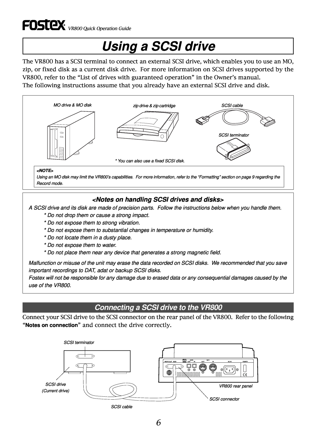 Fostex owner manual Using a SCSI drive, Connecting a SCSI drive to the VR800, Notes on handling SCSI drives and disks 