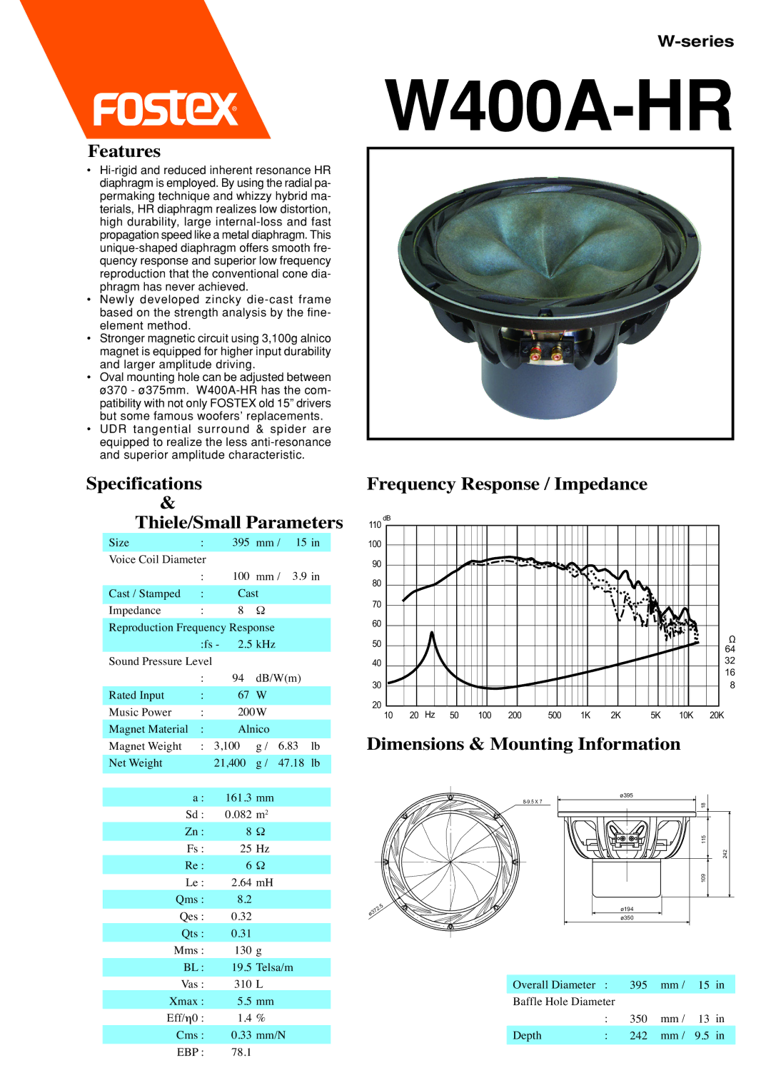 Fostex W Series dimensions W400A-HR, Features, Specifications Thiele/Small Parameters, Frequency Response / Impedance 