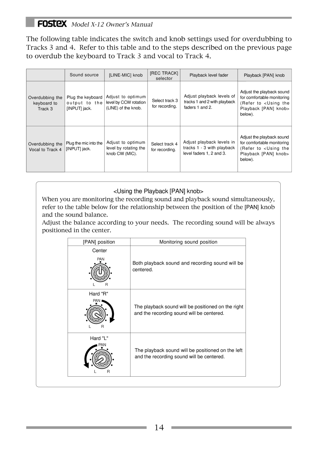 Fostex X-12 owner manual Using the Playback PAN knob 