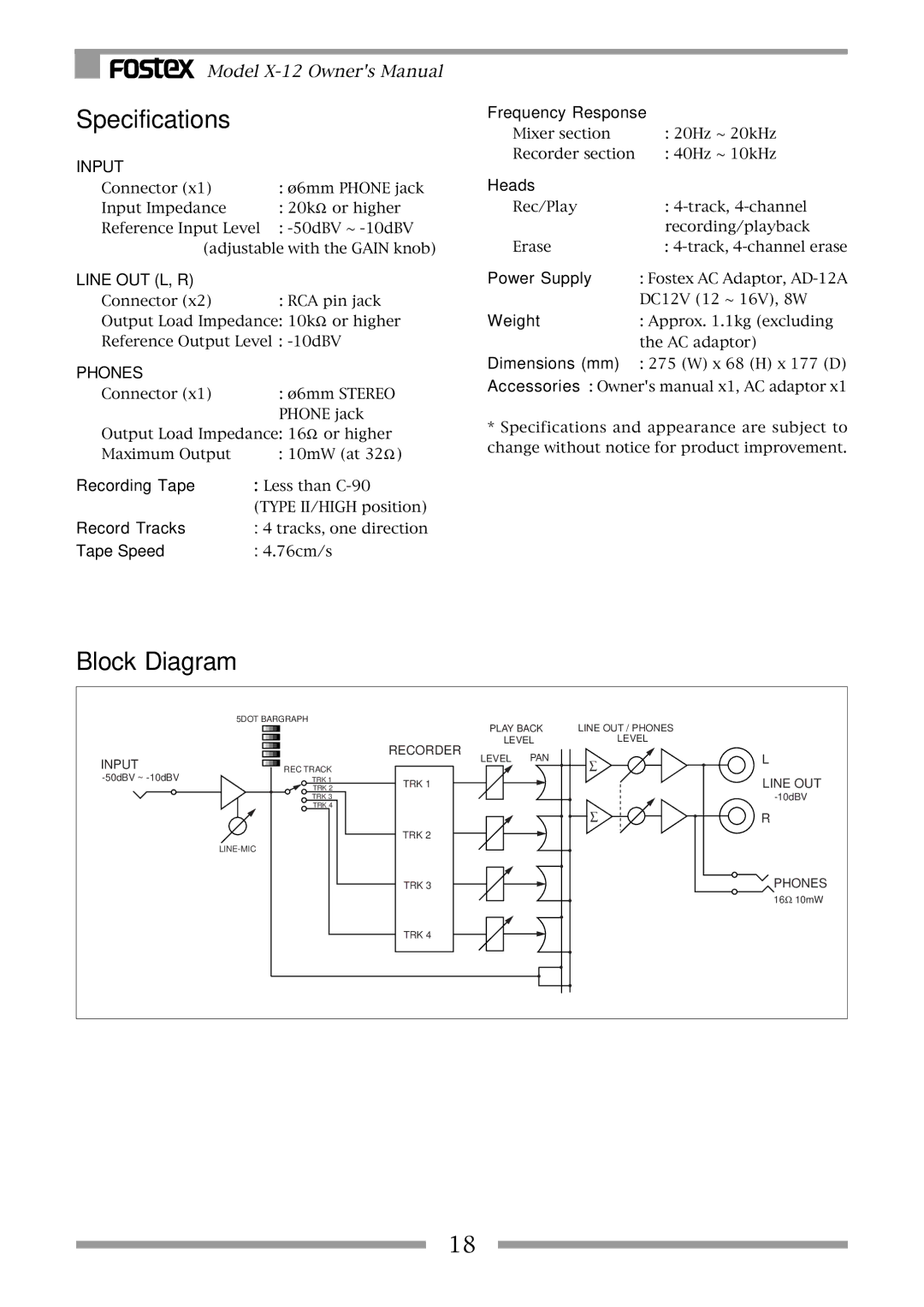 Fostex X-12 owner manual Specifications, Block Diagram 