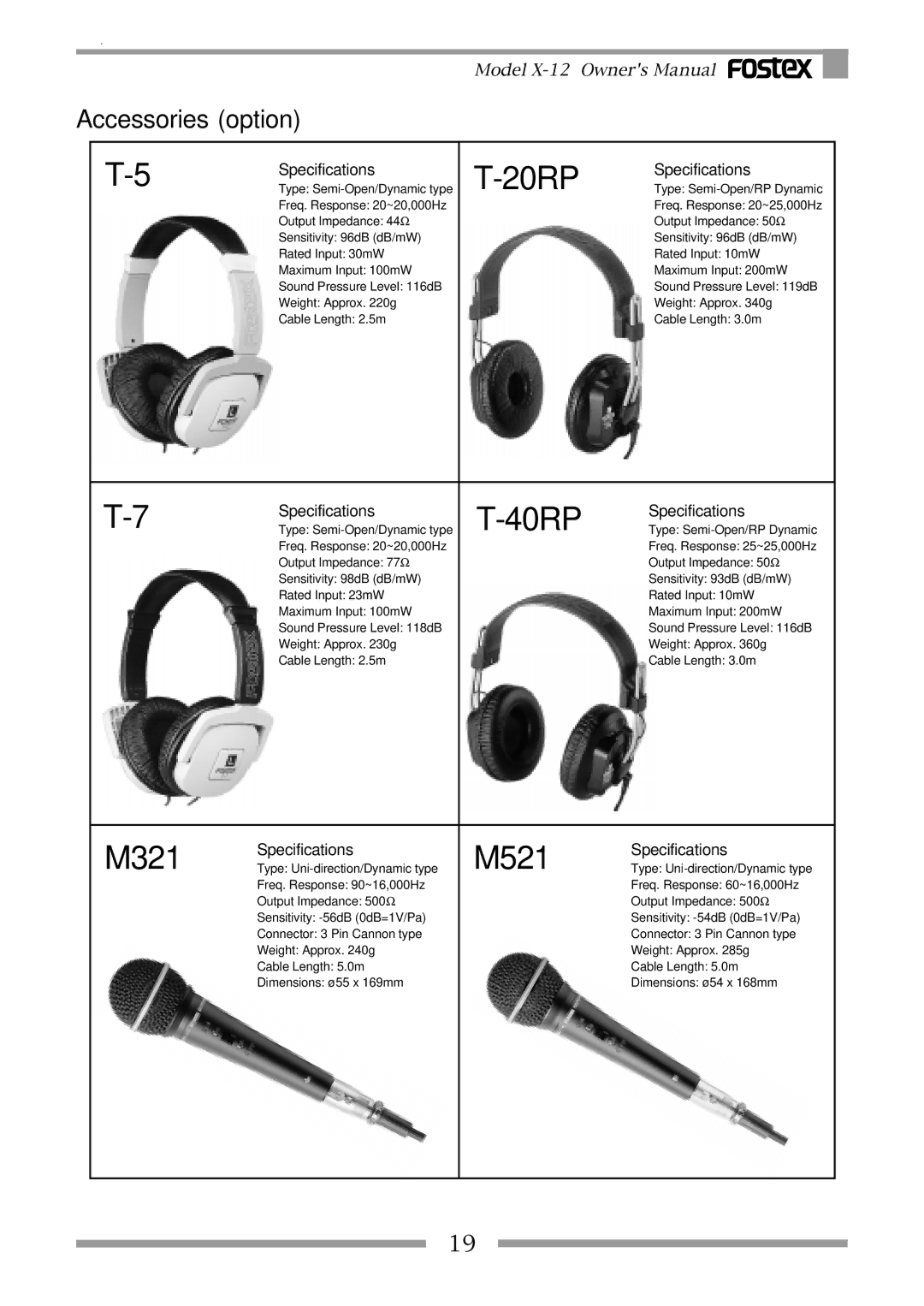 Fostex X-12 owner manual Accessories option, Specifications 