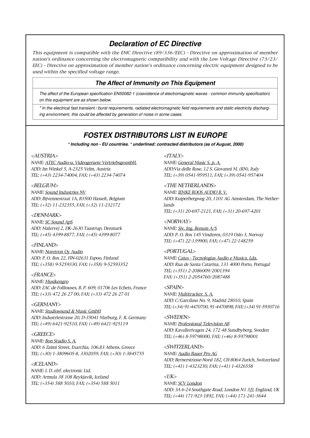 Fostex X-12 owner manual Fostex Distributors List in Europe 