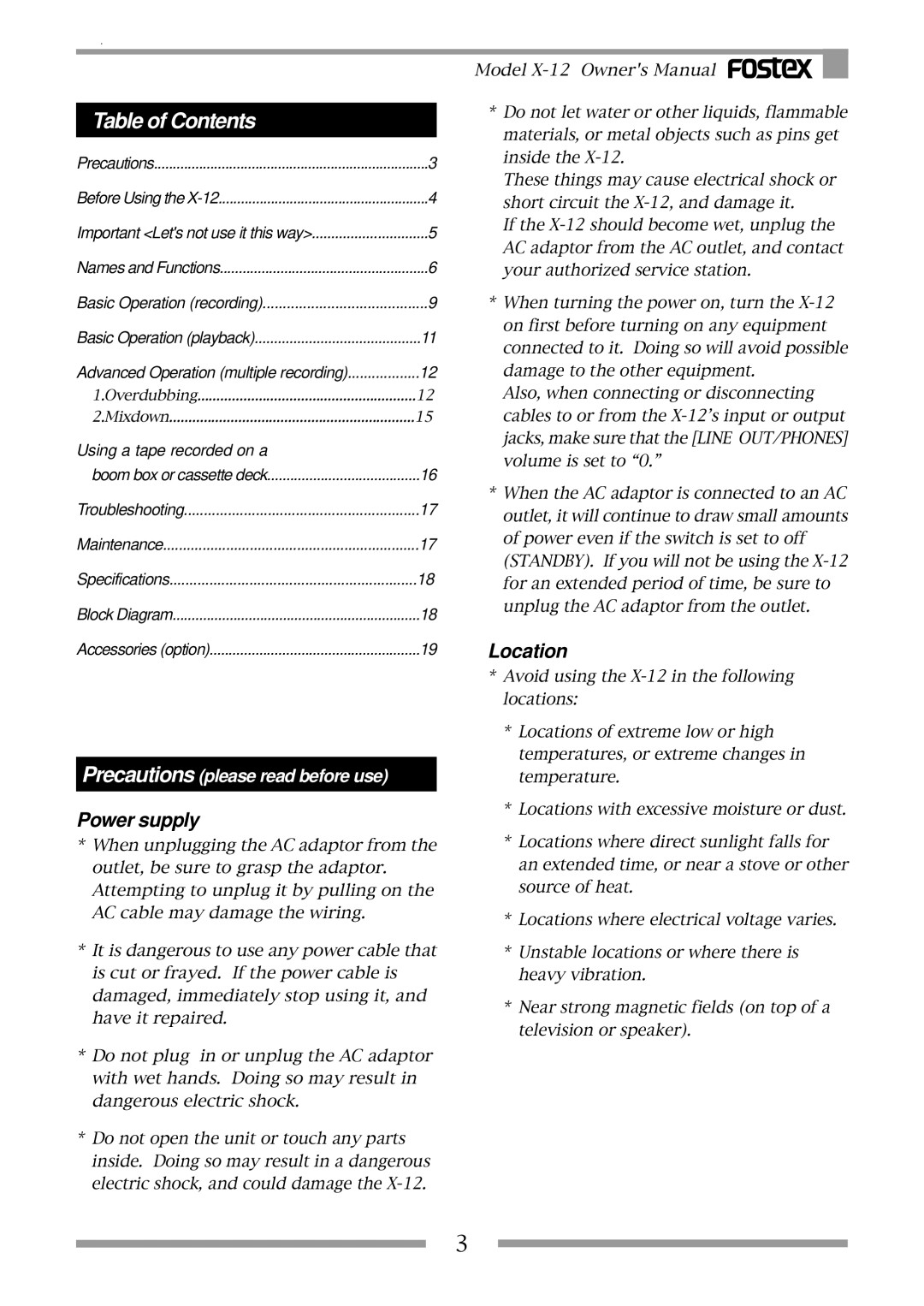 Fostex X-12 owner manual Table of Contents 