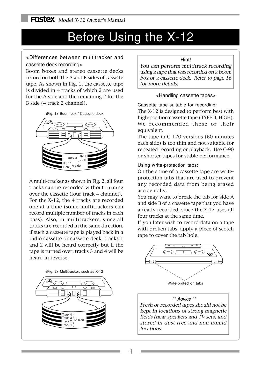 Fostex X-12 owner manual Before Using, Cassette tape suitable for recording, Using write-protection tabs 