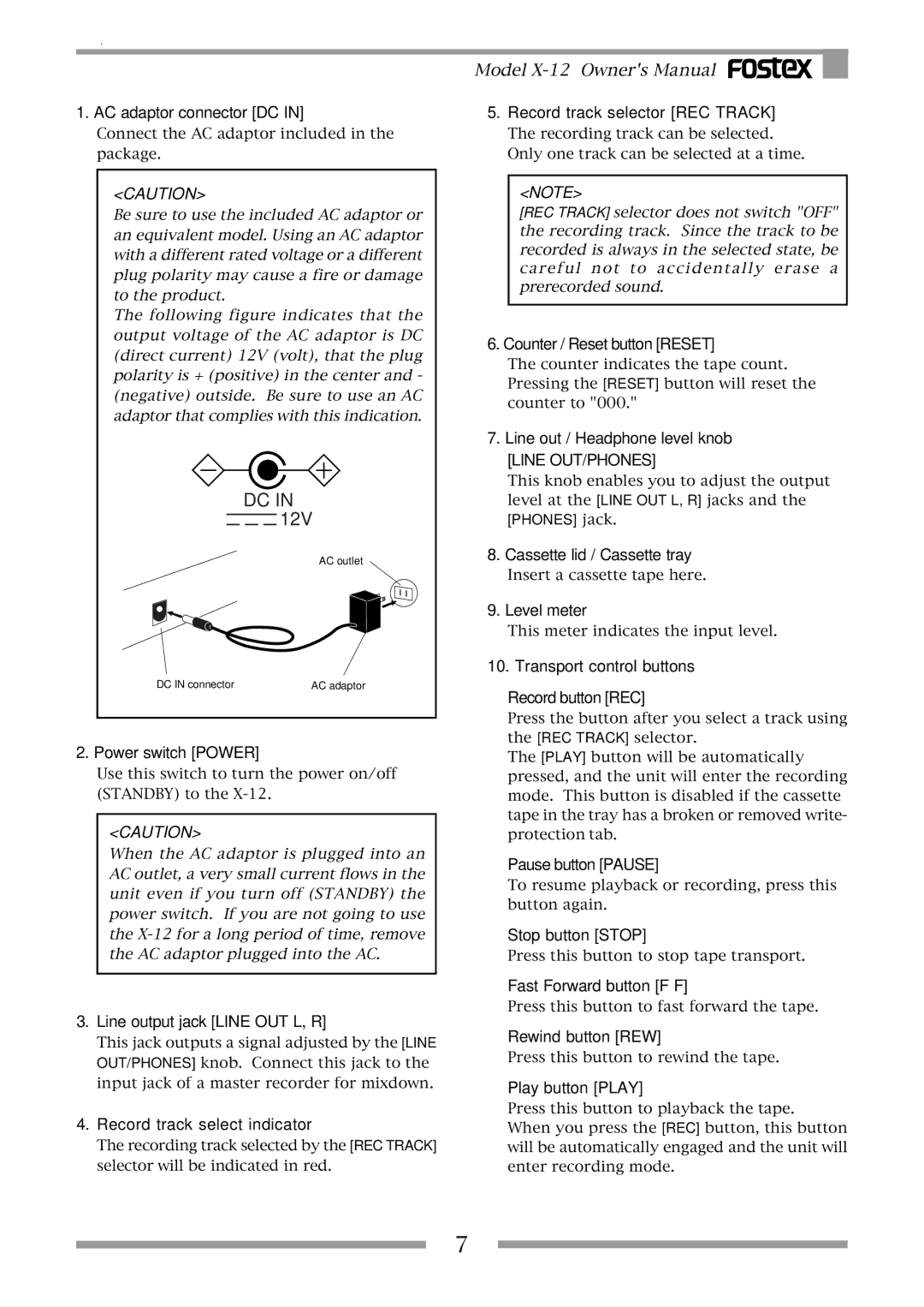 Fostex X-12 AC adaptor connector DC Record track selector REC Track, Power switch Power, Line output jack Line OUT L, R 