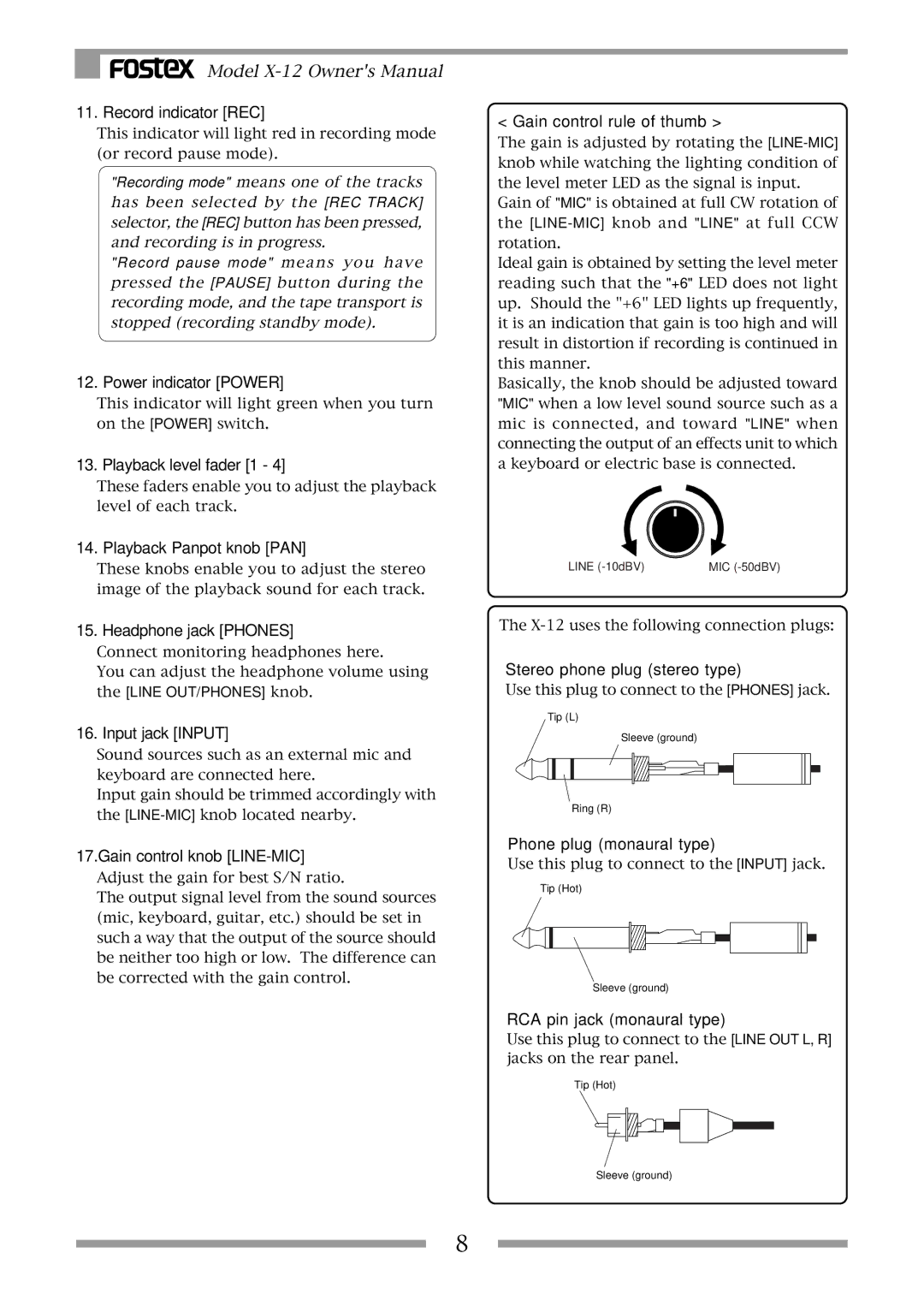 Fostex X-12 owner manual Record indicator REC, Power indicator Power, Playback level fader 1, Playback Panpot knob PAN 