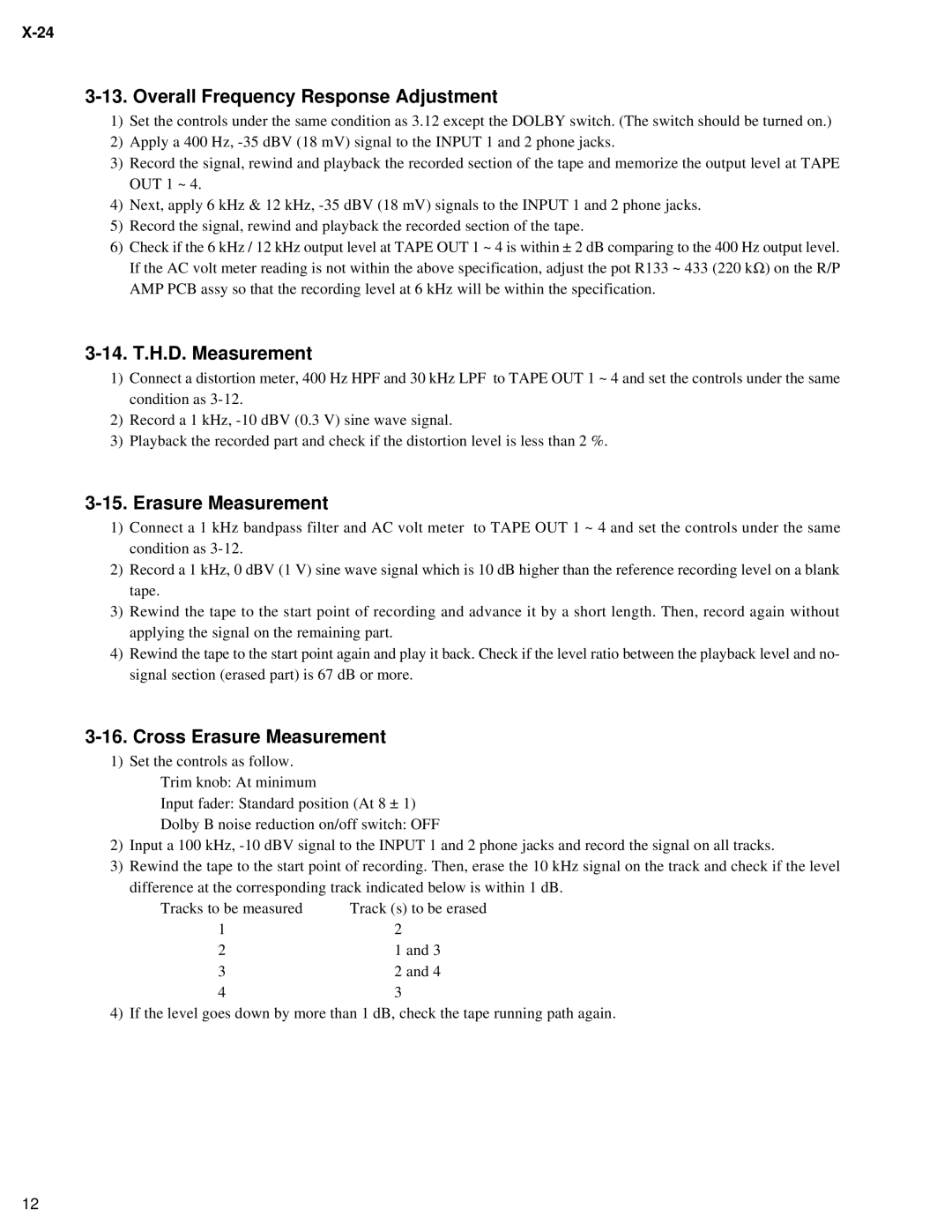 Fostex X-24 service manual Overall Frequency Response Adjustment, 14. T.H.D. Measurement, Cross Erasure Measurement 