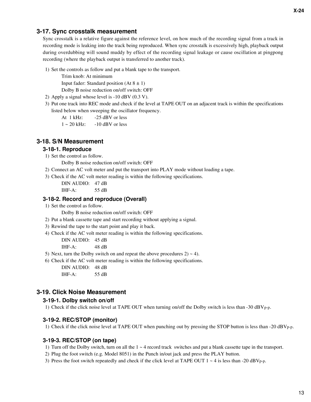 Fostex X-24 service manual Sync crosstalk measurement, 18. S/N Measurement, Click Noise Measurement 