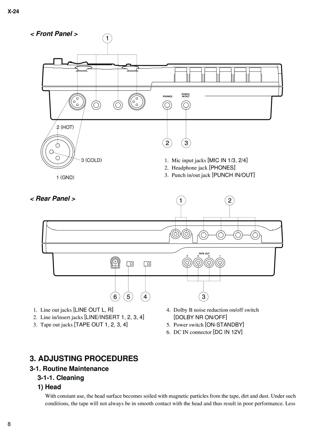 Fostex X-24 service manual Front Panel, Routine Maintenance Cleaning Head 