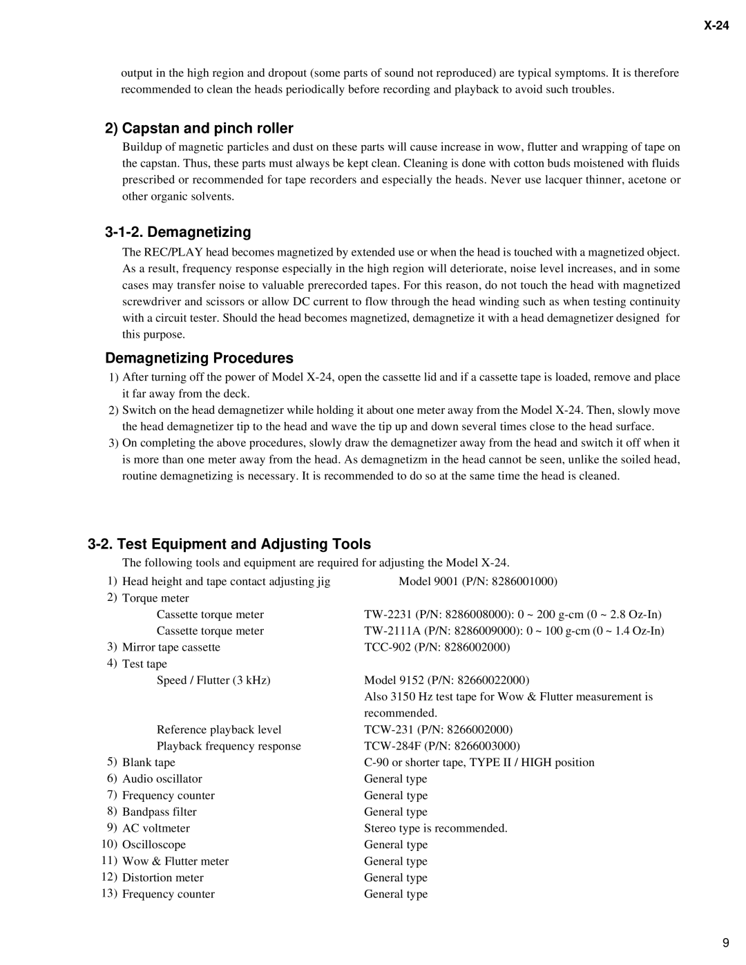 Fostex X-24 service manual Capstan and pinch roller, Demagnetizing Procedures, Test Equipment and Adjusting Tools 