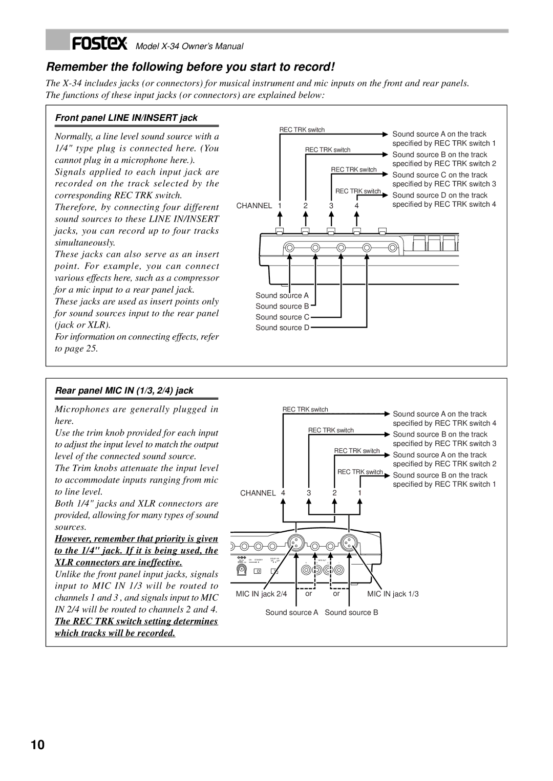 Fostex X-34 owner manual Remember the following before you start to record, Front panel Line IN/INSERT jack 